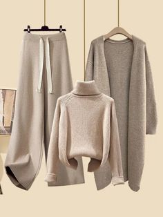 Autumn Winter Warm Knitwear Sets For Women Outfits Ladies Elegant Turtleneck Sweater+long Cardigan Outfits Ladies, Mode Tips, Layered Long Sleeve, Cardigan Long, Tracksuit Set, Strapless Mini Dress, Women Outfits, Pajama Shirt, Pant Set