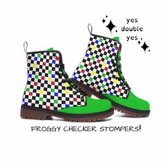 Clown in ultimate comfort in our Froggy Checker Kidcore Clown Shoes! These are made to last many seasons of happiness in vegan leather with rubber lug sole. Whether you are a professional clown or love maximalist kidcore fashion, these unique boots are totally YOU! Make a head-to-toe SPECTACLE of yourself when you pair these with the matching Froggy Check fashions🐸 Be extra #Clowncore #Maximalist let's gooooooooooooooooooo✌️ YESDOUBLEYES has FREE GLOBAL SHIPPING🌎 alt clown punk fashions for Pride fest, rave, Burning Man, music festivals, roller derby, funky drag groovy party wear Specially made-to-order and worth the wait! Original artwork by yesdoubleyes ❤️Fabric: PU vegan leather uppers, rubber sole ❤️Features: soft PU pleather feels comfy, rubber lug soles are sturdy and quiet ❤️Fit: Harajuku Style Winter Streetwear Boots, Clowncore Shoes, Green Winter Sneakers With Round Toe, Green High-top Boots With Rubber Sole, Multicolor Winter Sneakers With Round Toe, Green High-top Boots For Streetwear, Green Casual Platform Boots, Kidcore Clown, Clown Punk