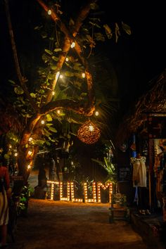 an outdoor area with lights and trees at night