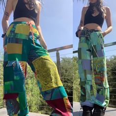 Your choice of 4 patchwork pants styles to upcycle and existing tee or clothing piece you have loved, but don't reach for as often! Customer will send in their personal piece to be upcycled into one of a kind pants with your choice of complementary colors and patterns.  SIZING: XS 22-24" waist, 32-35" hip, 31-32" bust S 25-27" waist, 36-39" hip, 32-34" bust M 28-30" waist, 38-40" hip, 34-36" bust L 30-32" waist, 41-43" hip, 36-38" bust XL 32-35" waist, 44-47" hip, 38-40" bust 2XL 36-39" waist, 4 Green Patchwork Bottoms With Relaxed Fit, Casual Patchwork Pants For Festival, Casual Festival Pants With Patchwork, Hippie Style Cotton Bottoms With Patchwork, Hippie Style Patchwork Cotton Bottoms, Hippie Cotton Patchwork Bottoms, Multicolor Patchwork Relaxed Fit Bottoms, Relaxed Fit Cotton Patchwork Pants, Relaxed Fit Patchwork Cotton Pants