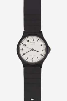 The basic black-and-white design of the Casio Men's Analog Watch makes it a simple, versatile timepiece great for everyday wear. The watch is constructed with a resin case, a black stationary resin bezel, and a black resin link bracelet with an adjustable buckle clasp. A durable mineral window protects the white dial face, which cleanly features black Arabic numeral hour indexes, black minute markers, and complementary black watch hands. These watches feature replaceable batteries, which can be Black Analog Watch For Everyday Use, Black Analog Watch For Streetwear, Black Analog Watch Accessories, Black Stationary, Black Analog Watch, Adjustable Black Analog Watch, Resin Case, Black Resin, Casual Watches