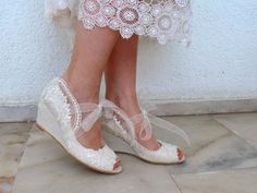 Boho Wedding Wedges, Embellished Lace Bridal Wedge Shoes with Pearls Spring Wedding Lace Shoes, Cream Lace Wedding Shoes For Spring, Spring Wedding Shoes In Cream Lace, Spring Cream Lace Wedding Shoes, Spring Lace Wedding Shoes For Bridal Shower, Spring Bridal Shower Lace Wedding Shoes, Lace Wedding Shoes With Lace Work, Wedding Shoes With Lace Work, Cream Lace Wedding Shoes