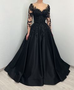 Black Gothic Satin Corset Floral Beaded Lace Wedding Dress - Etsy Canada Plus Size Gowns Formal, Dr Marvel, Wedding Dress Black, Evening Wear Dresses, Prom 2023, Prom Dresses Elegant, Prom Dress Plus Size, Long Sleeve Prom