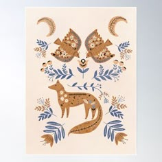 an animal with flowers and leaves in the background is shown on a white paper poster