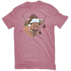 Holiday themed ladies T-shirt. 140 GSM 60/40 Cotton Polyester Jersey. Front chest graphic with Highland Christmas Cow. Lowe's Women's Pink Knit Short Sleeve T-shirt (Xl) Polyester | HLPL-12981 HRL XL Highland Christmas, Christmas Cow, Pink Knit, Knit Short, Ladies T Shirt, Knit Shorts, Knitting Women, Cow Print, Pink Ladies