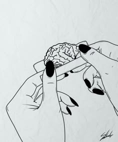 a drawing of two hands holding a piece of paper with a brain in the middle