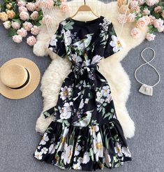 Black Knee-length Floral Dress For Garden Party, Black Floral Print Vacation Dress, Black Floral Print Dress For Vacation, Black Floral Print Spring Dress, Black Summer Dress For Garden Party, Black Floral Print Dress For Spring, Spring Black Floral Dress, Black Floral Dress For Spring, Black Chiffon Mini Dress For Summer