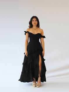 Maria maxi salsa ruffles - Sateen Solid Colours – Dibo Bodi Maxi Dress Ruffle, Glitz And Glam Dress Ideas, Spanish Dress Party, Formal Dresses For A Wedding Guest, Dress Fancy Aesthetic, Day Dresses Formal, Salsa Dress Outfit, Elegant Black Prom Dress, Wedding Outfits For Guest