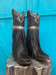 Corral Women's Fringed Black Hair-On Hide Cowgirl Boots C4082 Western Store, Cowgirl Western, Heel Boots, Cowgirl Boots, High Boots, Western Fashion, High Heel, Knee High, Perfect Pair