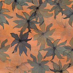 an orange background with black leaves and flowers on the bottom right hand corner is a blue flower