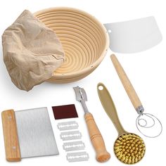 an assortment of kitchen tools including a spatula, knife and other items