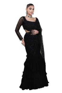 Black organza 3 layered mermaid lehenga saree skirt with an attached cancan. Comes with hand embroidered padded blouse and tulle drape with sequins, cutdana, glass beaded work. - Aza Fashions Fitted Organza Pre-draped Saree For Evening, Black Organza Sharara For Diwali, Evening Fitted Organza Saree, Black Sharara With Sheer Dupatta, Black Organza Saree For Reception, Fitted Black Sharara With Sheer Dupatta, Evening Organza Sharara With Unstitched Blouse, Black Organza Party Wear Sharara, Black Organza Sharara For Party Wear