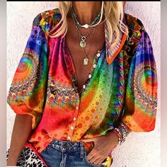 Casual Or Dressy Beautiful Long Sleeve Lightweight Button Up Shirt Colorful Graphic Design Trendy And Fashionable Machine Washable 100% Poly Casual Wide Leg Pants, Retro Mode, Dye Shirt, Tie Dye Shirt, Samoa, Women Shirts Blouse, Mongolia, Sierra Leone, Tie Dye Print