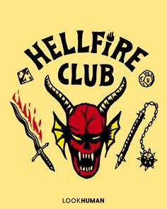 the hellfire club logo is shown on a yellow t - shirt with red devil's head