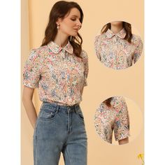 White: 90% Polyester, 10% Cotton; Dark Blue&Light Blue: 100% Cotton. In the blooming floral print design, this vintage blouse adds to your choice for the upcoming seasons. Timeless collared design and soft material, perfectly make your peasant charming and versatile to match in daily. Pair it with denim shorts, pants, jeans, or elegant skirts for many occasions, and you can also build an urban chic lady look. Casual Doll Collar Blouse For Spring, Casual Collared Blouse With Floral Print, Short Sleeve Blouse With Ditsy Floral Print For Spring, Casual Blouse With Floral Embroidery And Peter Pan Collar, Feminine Cotton Blouse With Ditsy Floral Print, Multicolor Floral Print Top With Collared Neckline, Feminine Collared Blouse With Floral Embroidery, Casual Doll Collar Top For Spring, Floral Embroidered Doll Collar Blouse For Summer