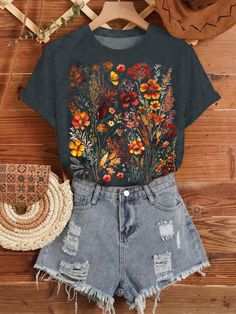 Bohemian Floral Print Casual Top T Shirt Ideas For Women, Cute Green Outfits, 2012 Fashion Trends, Cute Summer Outfits Casual, Fashion Vintage Aesthetic, Artsy Style Outfits, Floral Top Outfit, Cute Vintage Outfits, Floral Clothes