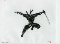 a black and white drawing of a man in the air with two swords on his hands