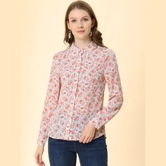 Elevate your style with the Allegra K Women's Floral Shirt, a must-have for any fashion-forward wardrobe. This charming top features a vibrant pink floral pattern that adds a touch of elegance to any outfit.

- Material: Lightweight and breathable fabric
- Color: Pink with floral design
- Size: Small
- Features: Point collar, long sleeves with buttons, button-down front
- Gender: Female
- Age Group: Adult

Ideal for both office wear and casual outings, this shirt pairs beautifully with skirts or Printed Button-up Office Shirt, Spring Floral Print Blouse With Spread Collar, Fitted Pink Floral Print Shirt, Floral Print Shirt With Spread Collar For Work, Pink Floral Print Button-up Shirt, Floral Print Spread Collar Blouse For Work, Feminine Pink Floral Print Shirt, Spring Office Shirt With Spread Collar, Casual Blouse With Floral Print And Spread Collar