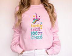 6 Different 100 Days of School Sweater-Sweetshirt-Shirt, Unicorn Shirt, Back to School, Teacher Gift, Teacher Appreciation, School Shirts -Please review all the sizing charts that were added in the product pictures. -Reading the Sizing Chart: Please note that the sizing chart includes the measurements of one side of the shirt, not the circumference. -We are working with 6 different shirt brands. If you want specific one please send message to us. Otherwise available brand will be shipped. All it Pink Unicorn Print Long Sleeve Top, Pink Long Sleeve Tops With Unicorn Print, Pink Long Sleeve Top With Unicorn Print, Casual Long Sleeve Tops With Unicorn Print, Cotton Unicorn Print Crew Neck Top, Cotton Crew Neck Top With Unicorn Print, School Sweater, Unicorn Shirt, Gift Teacher