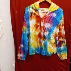 Pull Over Top Multicolored Vibrant Comfortable Light Weight Good For A Cool Night Casual Long Sleeve Tops With Rainbow Print, Casual Long Sleeve Rainbow Print Tops, Casual Multicolor Tops With Rainbow Print, Casual Multicolor Rainbow Print Tops, Colorful Long Sleeve Vacation Top, Casual Rainbow Print Top For Fall, Casual Color Block Tops For Loungewear, Vibrant Red Tops For Fall, Vibrant Red Top For Fall