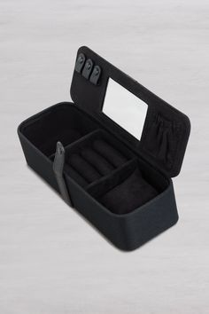 BÉIS 'The Jewelry Case' in Black - Small Travel Jewelry Case Modern Rectangular Cases For Gifts, Modern Portable Cases For Gifts, Modern Rectangular Jewelry Storage For Gift, Modern Black Cases For Gifts, Modern Black Cases As Gifts, Modern Black Cases Perfect For Gifts, Modern Black Cases As A Gift, Black Portable Case For Gift, Portable Black Cases For Gifts