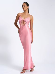 Slip this maxi dress on and step out in confident elegance! Featuring a romantic double duchess satin with a flattering cutout at center front, lace detailing and a ribbon tie closure – there's no occasion this dress won't turn heads at. Perfect for a night out, dinner parties, gala event or even an unforgettable wedding guest look. Also available as a mini version in two colorways, coral and printed black floral. (Thea Coral Satin Lace Trim Mini Dress & Tehlia Floral Print Satin Mini Dress With Pink Lace Maxi Dress, Tube Maxi Dresses, Gala Event, Duchess Satin, Velvet Maxi Dress, Maxi Sundress, Velvet Lace, Satin Maxi, Satin Maxi Dress