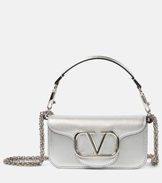 Embroidered Shoulder Bag, Silver Bag, Valentino Garavani Bag, Silver Bags, Fancy Bags, Small Shoulder Bag, Chain Shoulder Bag, Metallic Leather