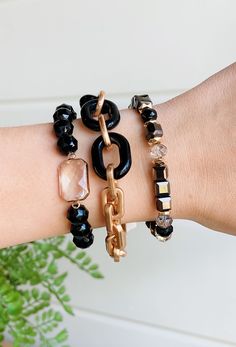 Maddie Bracelet Set in Black, set of three stretchy bracelets, gold and black beads Trend Bracelets, Black Beaded Bracelet, Trending Bracelets, Black Beaded Bracelets, Feel Beautiful, Affordable Jewelry, Black Beads, How To Feel Beautiful, Accessories Bracelets