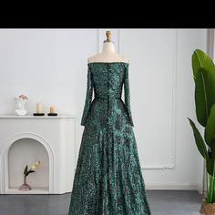 Modest Off The Shoulder Heavy Beaded Evening Dress. Brand New Never Worn. Green Embellished Sequin Dress For Formal Occasions, Elegant Green Sequin Dress For Wedding, Elegant Green Sequin Wedding Dress, Elegant Green Formal Sequin Dress, Elegant Green Embellished Sequin Dress, Elegant Green Sequin Evening Dress, Elegant Green Sequin Cocktail Dress, Green Sequin Evening Dress, Evening Dress