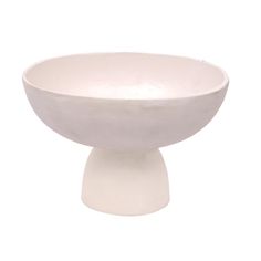 a large white bowl sitting on top of a wooden stand in front of a white background