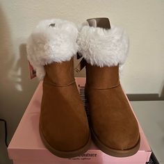 Brand New Juicy Couture Boots Trendy Synthetic Booties With Round Toe, Trendy Synthetic Booties, Trendy Boots With Faux Fur Lining And Round Toe, Casual Booties With Faux Fur Lining And Round Toe, Casual Closed Toe Synthetic Booties, Casual Synthetic Closed Toe Booties, Chic Boots With Faux Fur Lining And Round Toe, Flat Synthetic Boots For Winter, Flat Synthetic Winter Boots