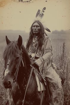 an old photo of a native american man on a horse in a field with tall grass