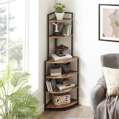 a corner shelf in the corner of a living room