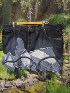 "This is a upcycled denim skirt. which is detailed, with variety of denim patches this skirt measurements laying flat  waist is 21.1/2\" inches across, hips is 25\" inches across and length is 14 -18\" inches. this upcycled skirt brand is \"old navy\" size 20. also this skirt is a 100% cotton  to  you ladies out there, this would be a nice unique skirt added to your collection as  always thank you!!  for stopping by." Recycled Denim Patchwork Skirt, Recycled Denim Patchwork Denim Skirt, Patchwork Denim Skirt In Recycled Denim Blue, Denim Blue Patchwork Skirt From Recycled Denim, Recycled Denim Blue Skirt With Patchwork, Upcycled Dark Wash Recycled Denim Bottoms, Denim Patchwork Mini Skirt, Upcycled Dark Wash Denim Bottoms, Retro Clothes 80s