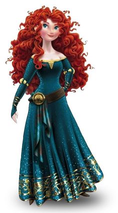 the red haired girl is dressed in blue and gold, with her long hair flowing down