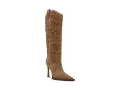 Steve Madden Kinzee - Women's Boots : Chestnut Suede : The Steve Madden Kinzee is a stylish western boot that combines classic cowboy elements with modern flair. Featuring intricate stitching on the shaft with a curved top and a comfortable fit, thispull-on style boot is a must-have in your footwear collection. It features a leather upper with pointed toe silhouette, synthetic rubber lining, and a rubber insole. The stiletto heel offers a exquisite touch to the look and the pull straps allow easy on/off. Knee-high silhouette. Rubber outsole. Imported. Measurements: Heel Height: 4 in Weight: 10.4 oz Product measurements were taken using size 5.5, width M. Please note that measurements may vary by size. Classic Cowboy, Western Boot, Footwear Collection, Synthetic Rubber, Western Boots, Stiletto Heel, On Off, Product Reviews, Chestnut