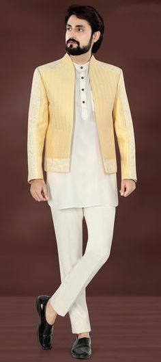 Yellow color Jodhpuri Suit in Jacquard fabric with Embroidered, Thread work Formal Chanderi Bandhgala With Chikankari Embroidery, Formal Bandhgala With Chikankari Embroidery In Chanderi, Formal Chanderi Sherwani With Chikankari Embroidery, Designer White Nehru Jacket With Dupatta, Formal Yellow Sets With Resham Embroidery, Eid Brocade Unstitched Suit With Chikankari Embroidery, Eid Chikankari Embroidery Unstitched Brocade Suit, Traditional Chanderi Bandhgala For Formal Occasions, Formal Cotton Bandhgala With Chikankari Embroidery