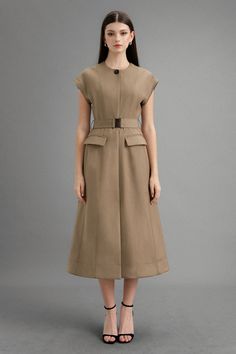 Amber A-line Cap Sleeved Polycotton Midi Dress | MEAN BLVD Modern A-line Cotton Dress, Spring A-line Belted Dress, Modern Cotton A-line Dress, Beige Belted Dress For Spring Workwear, Elegant Cotton Midi Dress For Work, Elegant Cotton Dress For Work, Beige A-line Dress For Workwear, Elegant Cotton Workwear Dresses, Beige A-line Dress For Work