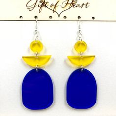 Beautiful geometric statement earrings cut from 3mm yellow and blue transparent acrylic. These are lightweight and can be dressed up or dressed down.Earrings measured 2.5 inches long and 1.25 inches wide, not counting the hooks. They can be made into clilp on earrings.Earrings will be placed in a gift box, carefully packed and shipped, perfect as a gift for yourself or a loved one.Please note colors may appear differently from device to device and from person to person.-------------------------- Blue Plastic Earrings For Gift, Trendy Yellow Plastic Earrings, Bold Blue Earrings For Gift, Handmade Blue Geometric Earrings, Bold Yellow Drop Earrings, Modern Blue Geometric Earrings, Laser Cut Earrings Acrylics, Geometric Statement Earrings, Animal Earrings