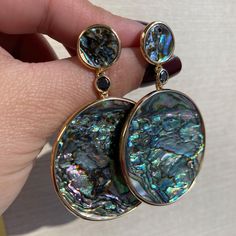 JE0450 'Innate' Mother Of Pearl Round Abalone Shell Earrings in 18K Yellow Gold with Black diamond Stone Size: 38 mm (Large stone) x 12 mm (Small stone) Approx. Wt: 0.33 Carats (Black Diamonds) Luxury Multi-stone Earrings, Evening Multi-stone Round Earrings, Elegant Multi-stone Round Earrings, Formal Multi-stone Round Earrings, Luxury Natural Stone Drop Earrings, Round Polished Finish Earrings For Evening, Round Polished Evening Earrings, Polished Round Earrings For Evening, Luxury Drop Earrings With Natural Stones