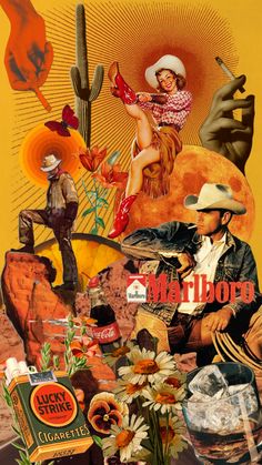 a collage of various items including flowers, cowboy hats and other things in the background