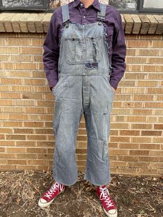 "selling as is donut button fly Total length as modeled - 56\" rise 13\" inseam - 25\" waist  - 36\" leg opening - 10\" Model height is 5'11 33/34 waist" Vintage Washed Cotton Overalls, Vintage Shortalls With Pockets, Vintage Cotton Overalls, Upcycled, Distressed Overalls, Union Made, Model Height, Gender Neutral, Overalls, Art Collection