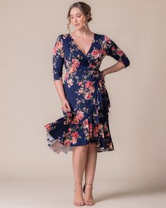 Exude playfulness with fun prints. Our Flirty Flounce Wrap Dress is designed with gorgeous cascading ruffles along the skirt's front panels and bottom hem. This fully functional plus size wrap dress is fantastic for adjusting to your preferred coverage and the cinch feature at the waist helps accentuate your fabulous curves. Wear to work or for a night out! This Kiyonna wrap dress is available exclusively in women’s plus sizes. Wrap Dress With Sleeves, Plus Size Wrap Dress, Jumpsuit And Cardigan, Women Appreciation, Chic Cardigan, Cascading Ruffles, Evening Gown Dresses, Dress With Sleeves, Black Tie Wedding