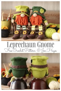 two crocheted leprechaun gnomes sitting on a bench next to each other