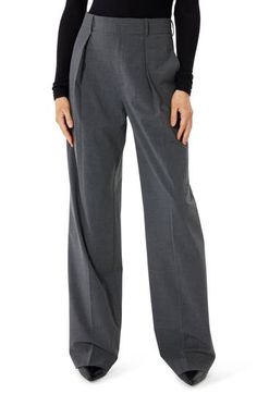 Structured pleats lend a tailored silhouette to wide-leg trousers that are perfect for the workplace or weekend. 33" inseam; 22 1/2" leg opening; 12 1/4" front rise; 16" back rise (size Medium) 65% polyester, 28% rayon, 7% spandex Dry clean Imported Wide Leg Crop Pants, Grey Trousers, Satin Pants, Pleated Trousers, Grey And Beige, Wide Leg Trousers, Straight Leg Pants, Bottoms Pants, Cropped Pants