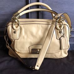 Yellowish Gold Satchel Handbag- Called Buttercup. Soft Leather With Gold Hardware, Removable Shoulder Strap, Double Zippered Compartments. One Side Has Zippered Pocket And The Other Has Two Sleeves. Tiny Red Marking On Front Left. Hardly Noticeable But See Last Photo. Dust Bag Included Classic Yellow Shoulder Bag With Detachable Handle, Formal Yellow Bag With Double Handle, Formal Yellow Shoulder Bag With Double Handle, Formal Yellow Double Handle Bag, Formal Yellow Double Handle Bags, Classic Yellow Satchel With Top Carry Handle, Classic Yellow Satchel With Detachable Handle, Classic Yellow Shoulder Bag With Top Carry Handle, Classic Yellow Top Handle Bag