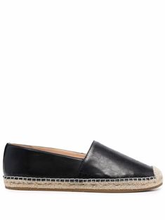 Black leather leather round-toe espadrilles from COACH featuring braided raffia sole, round toe and branded insole. Black Espadrilles Outfit, Espadrilles Outfit, Espadrilles Black, Black Espadrilles, Chanel Espadrille, E Logo, Coach Leather, Espadrille Shoes, Calf Leather