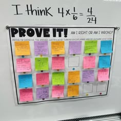 a bulletin board with post it notes attached to it's sides and the words prove it