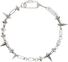 Cable chain necklace in palladium-plated brass and steel. · Spikes throughout · Logo plaque at length · White glass crystals · Logo-engraved carabiner fastening Available exclusively at SSENSE. Supplier color: Palladium Spiked Necklace, Silver Flower Necklace, Crystal Logo, Spike Necklace, Bold Necklace, Cable Chain Necklace, Gold Cross Necklace, Silver Bead Necklace, Accessories Jewelry Necklace