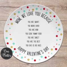 a plate with the words happy valentine's day on it and polka dot designs